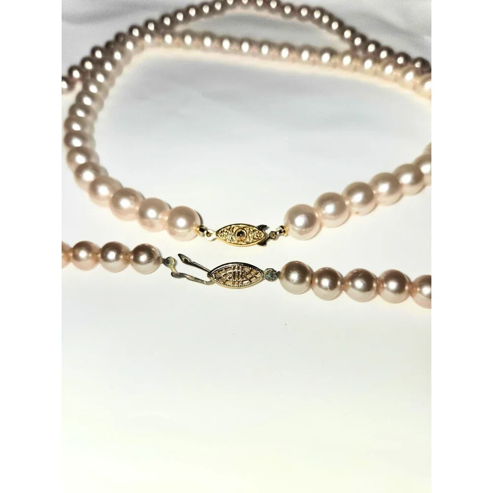 Japan Pink Faux Pearl Double Strand Necklace Set Gold Tone Clasp